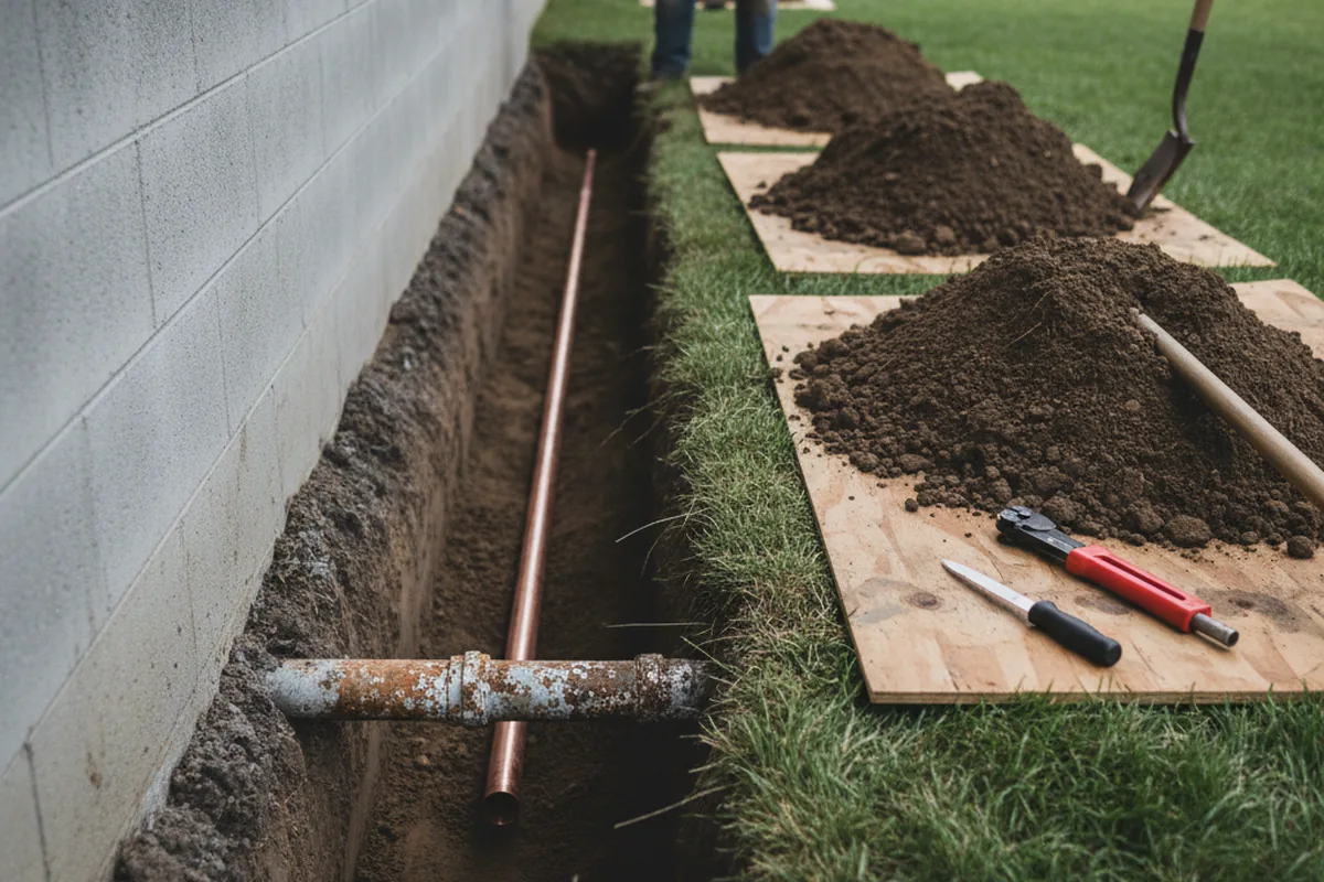 Excavated water line trench during Sewer Line Repair in Wilton